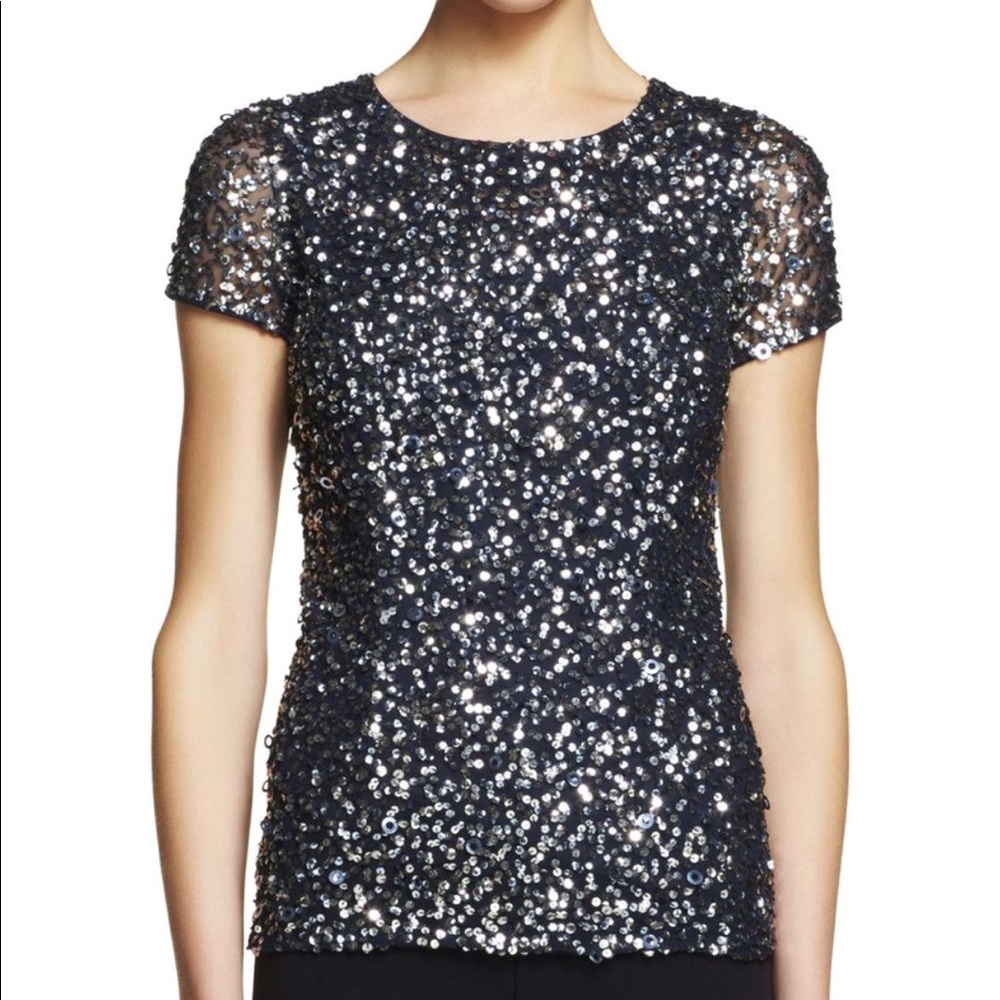 SOLDNWT Adrianna Papell cap sleeve beaded mesh top